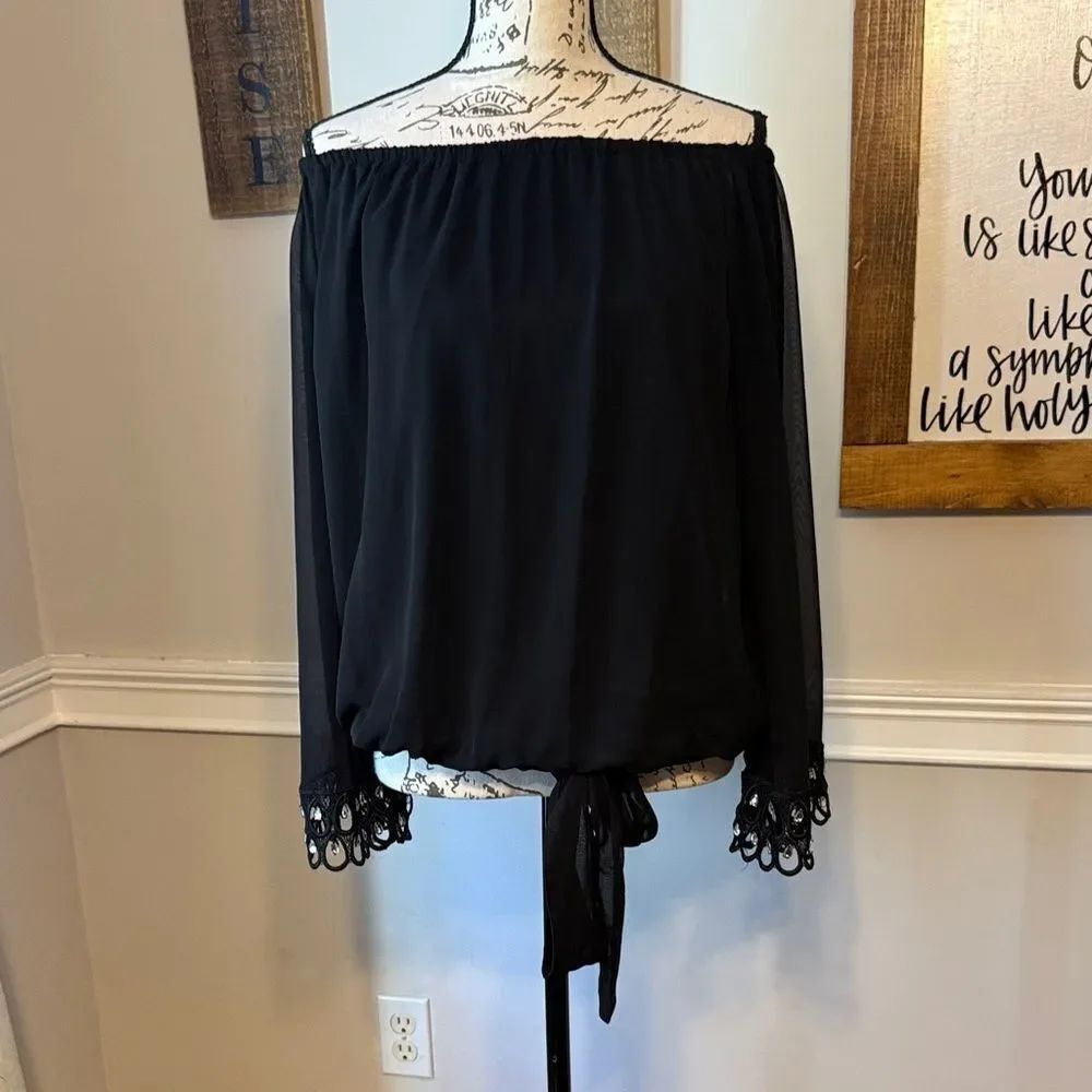 Prelude Black Off-Shoulder Top with Bell Sleeves